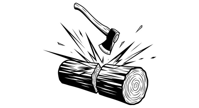 Axe splitting a wooden log into two pieces for firewood