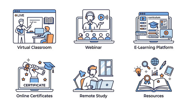 Online Education Concepts: Virtual Classroom, Webinar, E-Learning, Certificates, Remote Study, Resources