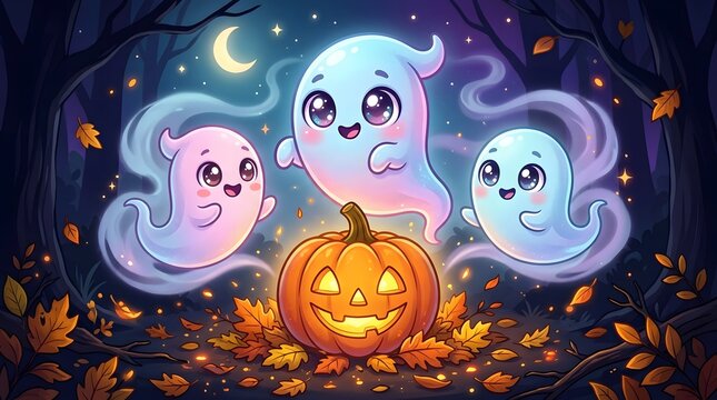 Happy halloween cute ghosts and jack o' lantern illustration for festive designs