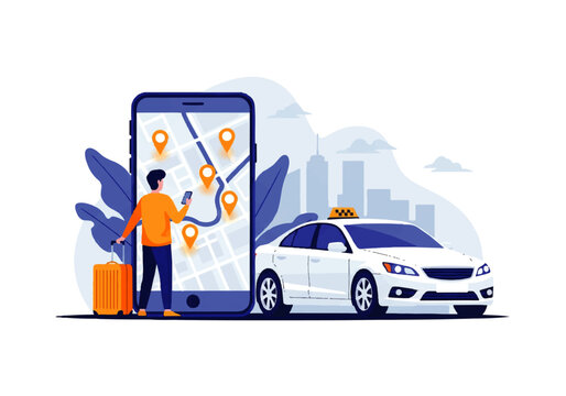 Vector flat design illustration of a person using a mobile app to book a taxi with a car and city skyline