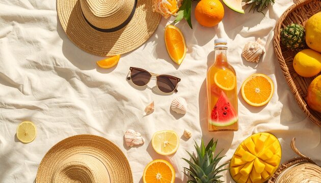 Top View Of A Stylish Beach Picnic With Wine, Fruit, And Summer Accessories On The Sand