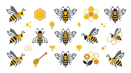 Cute Bee Collection: Honeycomb, Honey Drips, Flowers, and Honey Dipper Vector Art © Entus