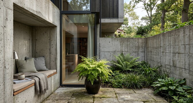 Sunken courtyard lightwell beside a partially buried modern home, showing concrete retaining walls, a recessed reading nook, and tall glazing with a potted fern catching daylight, soft shadows and