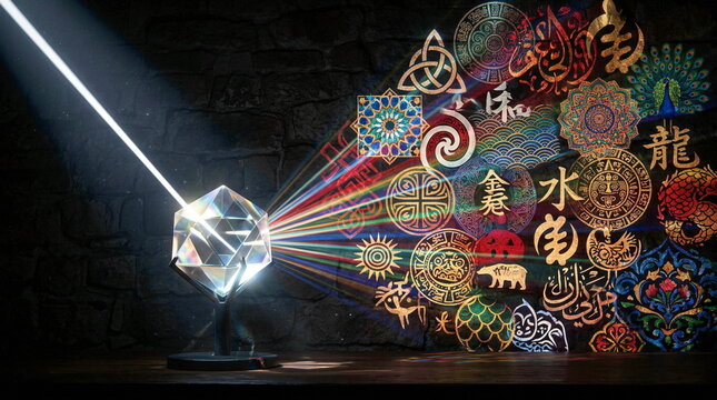 Crystal prism refracts light into diverse cultural symbols and scripts, enlightenment concept