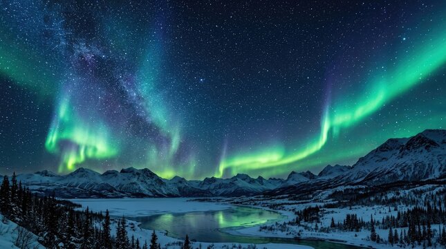 The image captures a breathtaking view of the Aurora Borealis dancing across a dark, starry sky above a snow-covered landscape.