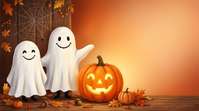 Happy halloween ghosts and jack o lantern on wooden table with autumn leaves