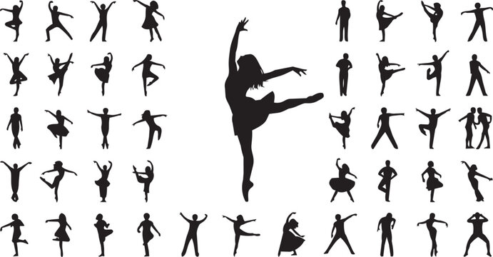 Ballet dancers in various dynamic poses against a white background
