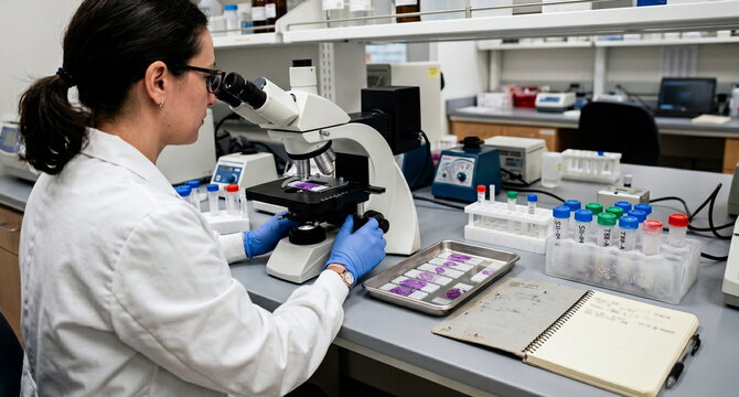A pathology scientist examines a tumor biopsy slide beside frozen sample vials, staining trays, and a compact lab notebook with the page turned away. Soft neutral lighting, clean counters