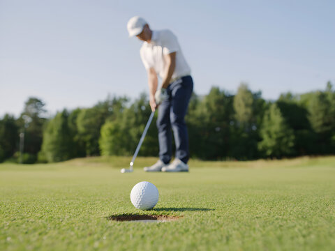 Man playing golf on green course with trees background
