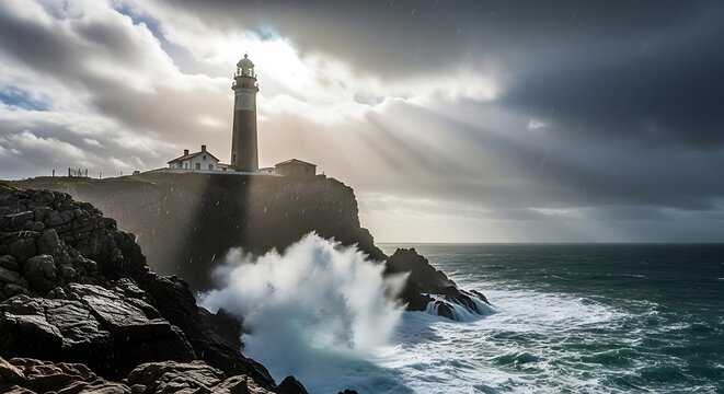 Dramatic coastal lighthouse standing on rocky cliffs during a stormy ocean sunset.