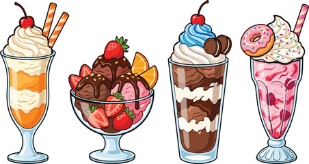 Colorful collection of delicious ice cream sundaes and sweet milkshakes presented as vector on transparent background