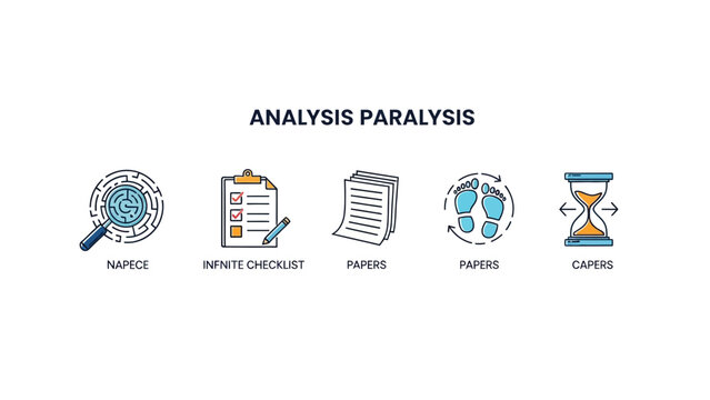 Analysis Paralysis Concept with business icons representing overthinking and time pressure, ideal for business psychology articles and productivity presentations.