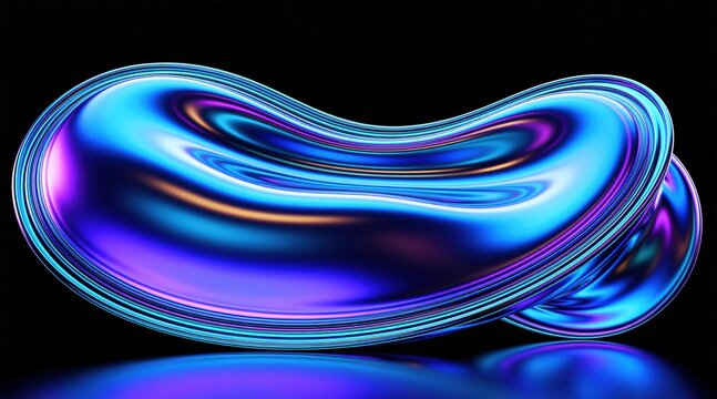 Abstract iridescent metallic object curves with smooth blue, purple swirls against black background. Futuristic form reflects light creating glossy effect. Modern shape suggests innovation, science.