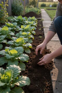 A woman tends to her garden in a serene and well-manicured setting, surrounded by lush leafy greens and warm golden light.