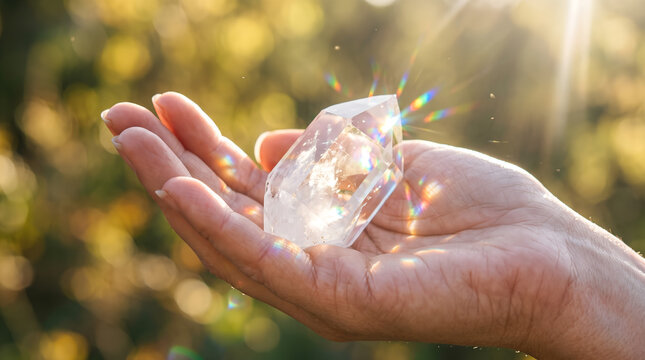 Human hand holding clear quartz crystal point in sunlit garden with gemstone sunlight spirituality transparent esoteric meditation wellness metaphysical outdoors