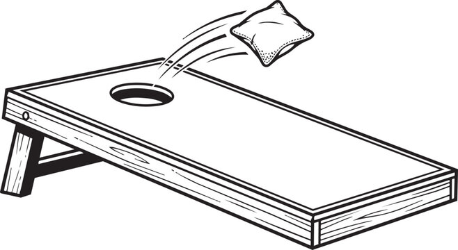 Black and white cornhole board with bean bag flying toward hole in vector on transparent background