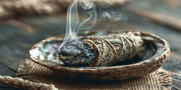 Smoldering sage bundle with rising smoke in woven bowl