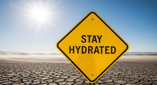 Stay hydrated warning sign in a desert landscape for the concept of health and survival.