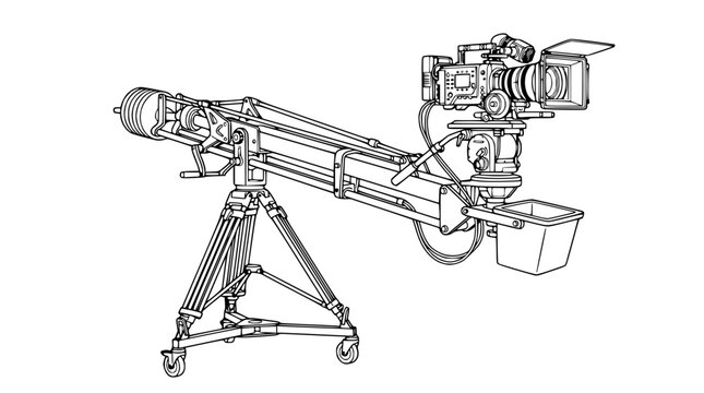 Professional Cinematography Video Camera on Jib Crane Arm and Tripod Line Art Illustration