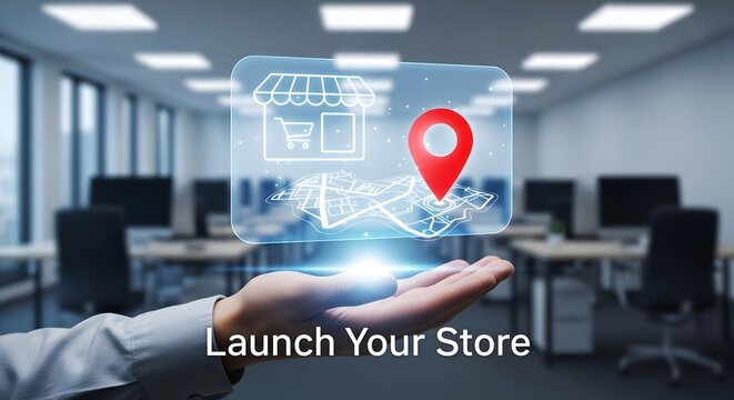 Launch Your Store conceptual image with a hand presenting a holographic store location marker.