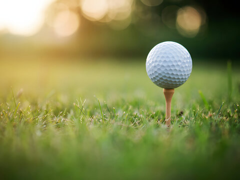 Golf ball on tee in grassy field for golfing and sports concept