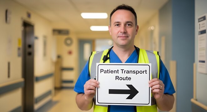 A medical staff member holding a patient transport route sign in a hospital corridor for the concept of healthcare and transport.