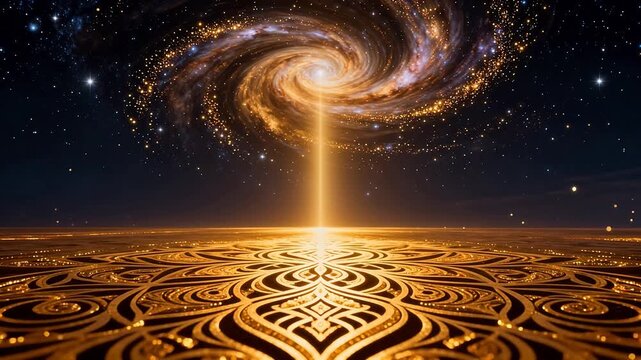 Cosmic spiral galaxy with golden patterned ground