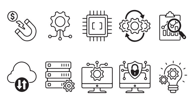 Modern technology line icons set, digital business and data processing vector elements, cloud computing and cybersecurity symbols for web design