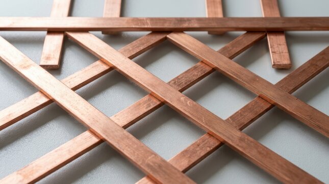 Flat rectangular copper busbars crossed over each other to form a geometric grid pattern on a desk.