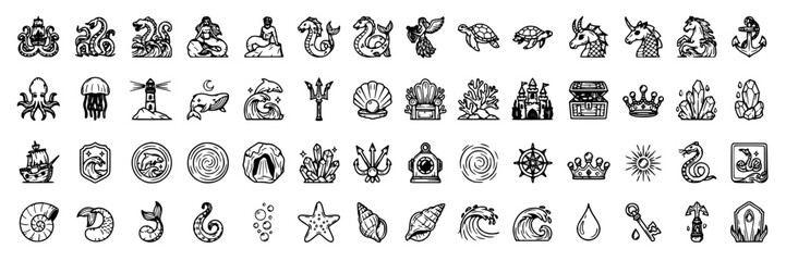 Obraz premium Mythical Sea Creatures Illustrated in Black and White with Intricate Details Featuring Fantasy, Marine, Ocean with Symbols