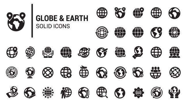 Globe and earth solid icons set, black world map and planet symbols vector collection, global logistics and travel navigation signs for web design