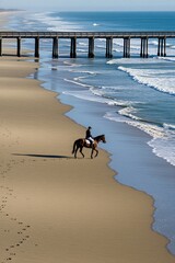 Fototapeta premium Person rides brown horse along sandy shore near ocean waves. Wooden pier stretches over blue sea water. Clear sky above calm beach landscape.