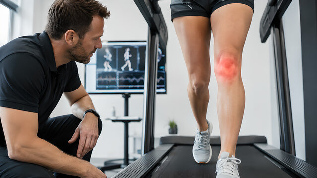 Knee joint patellofemoral pain syndrome clinical procedure concept, photorealistic runner knee treatment in healthcare clinic for medical education and patient communication use without text