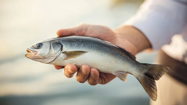 A person holds a freshly caught fish in their hand against a blurred ocean background. The fisherman is presenting the fish with a gentle expression.