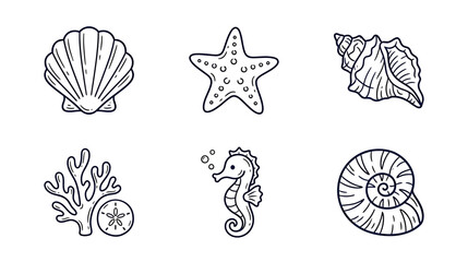 Hand-drawn Marine Life Icons: Seashells, Starfish, Seahorse, Coral, Sand Dollar © evol