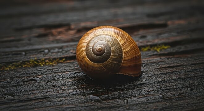A Solitary Snail Shell with Intricate Spiral Pattern on a Textured Wooden Surface