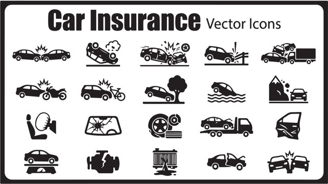 Car Insurance Vector Icons Set, Automobile Accident and Road Crash Pictograms, Vehicle Damage and Towing Service Symbols for Claims Processing