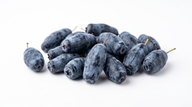 Pile of fresh haskap berries (honeyberries) isolated on a white background.
