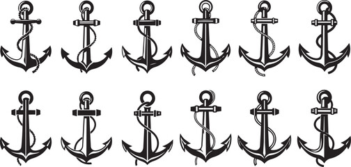 Collection of nautical anchors with ropes on a white background © SD DESIGN STUDIO