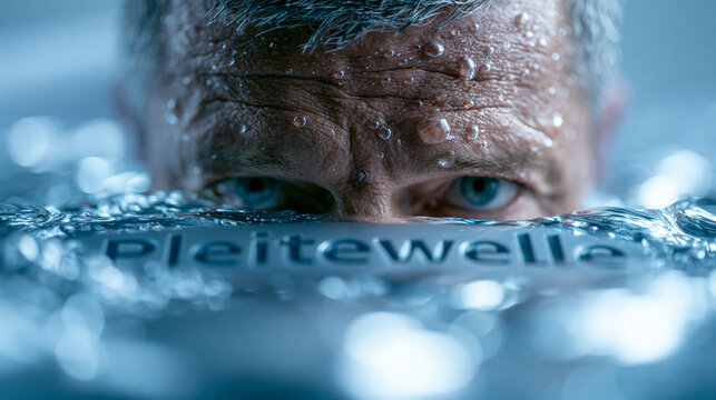 Mann taucht unter Wasser mit Schriftzug Pleitewelle im Vordergrund