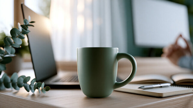 Gr&uuml;ne Kaffeetasse steht auf Schreibtisch neben Laptop im Homeoffice