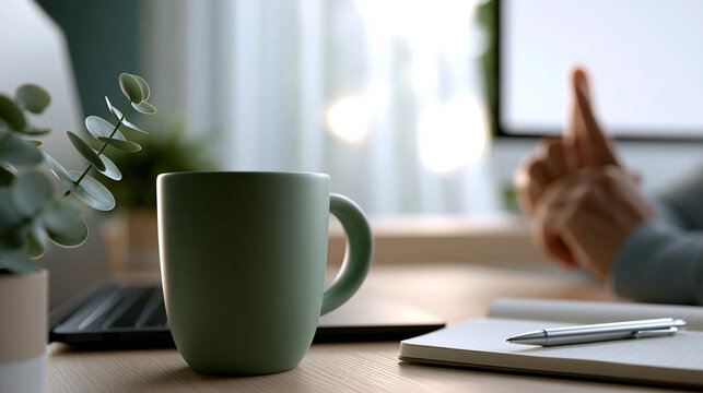 Gr&uuml;ne Kaffeetasse steht auf Schreibtisch neben Laptop im Homeoffice