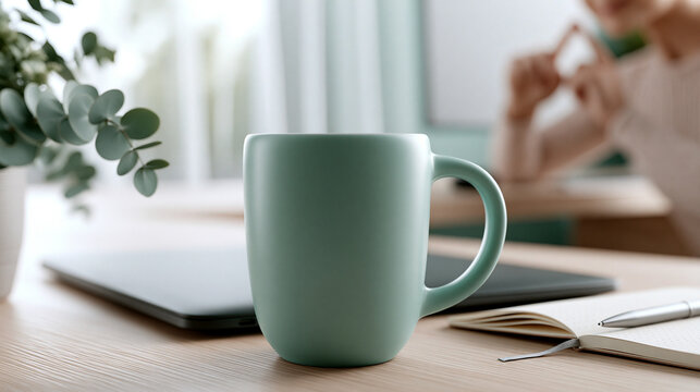 Gr&uuml;ne Kaffeetasse steht auf Schreibtisch neben Laptop im Homeoffice