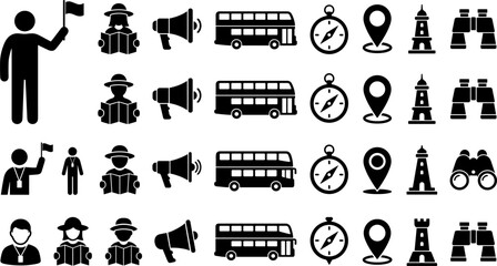 Travel Tour Guide and City Sightseeing Icon Set Featuring Double Decker Bus, Compass, Megaphone, Map Readers, and Pin Location Navigation Vector Design © Mstsumi