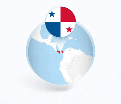 Panama Map with Round Panama Flag Pin Pointer on Circular Globe.