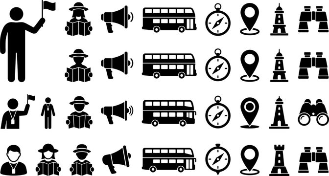 Travel Tour Guide and City Sightseeing Icon Set Featuring Double Decker Bus, Compass, Megaphone, Map Readers, and Pin Location Navigation Vector Design