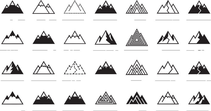 Collection of stylized mountain peaks and triangular geometric patterns on white background
