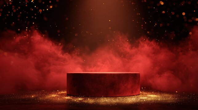 Red velvet podium with golden glitter and smoke