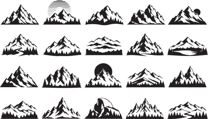 Obraz premium Black silhouette mountain range icons, minimalist landscape, vector graphics