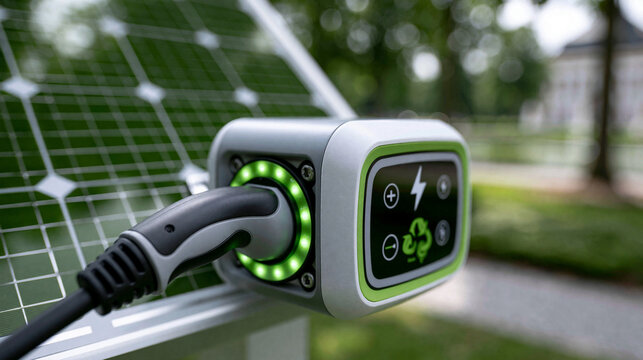 Ladestation f&uuml;r Elektroauto zeigt gr&uuml;nes Display vor Solarpanel